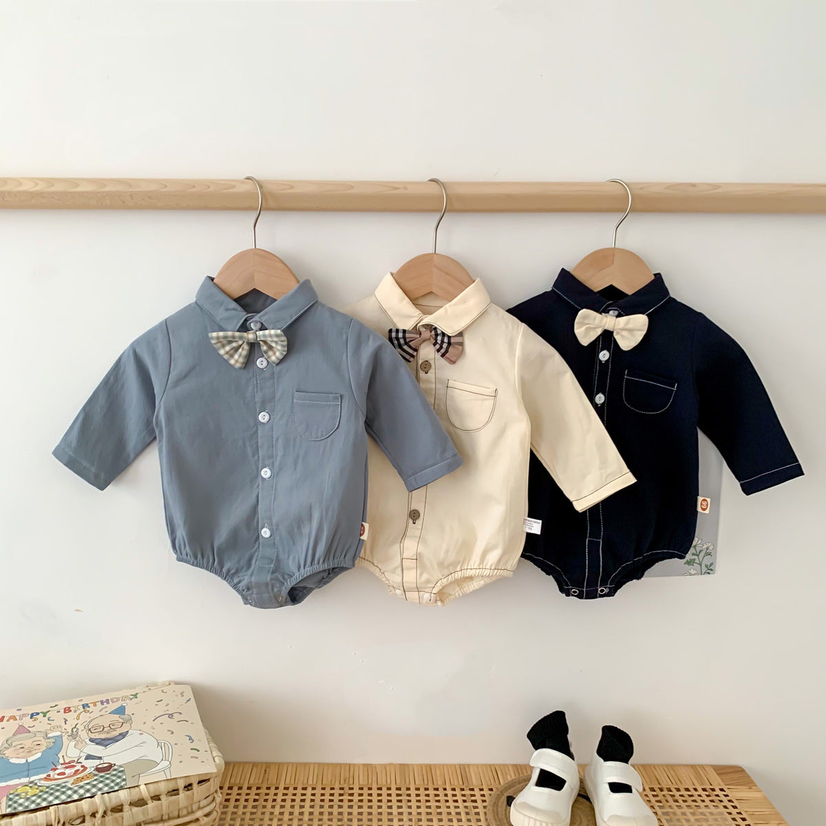 【BABY】三色 紳士 リボン飾りロンパース【長袖】 CawaKomostore