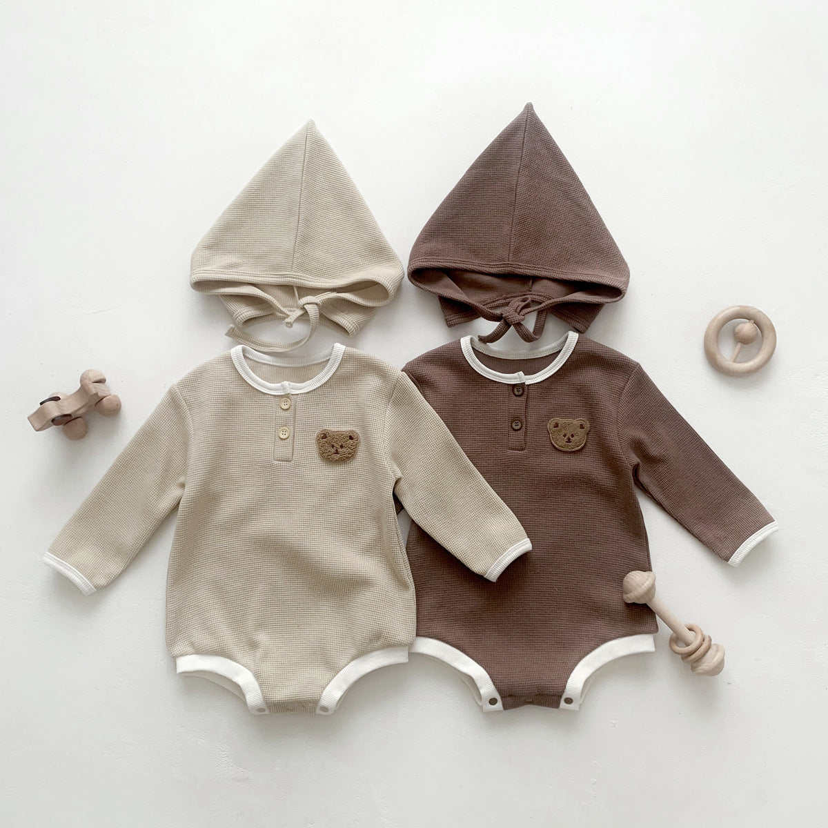 【BABY】リンガーデザインモコくまさんワッフルロンパース(ボンネット付き) CawaKomostore