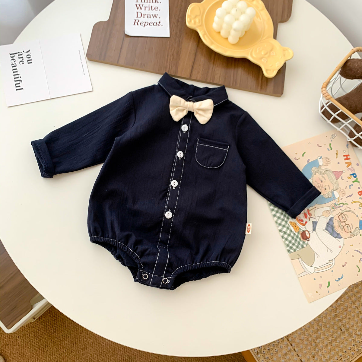 【BABY】三色 紳士 リボン飾りロンパース【長袖】 CawaKomostore