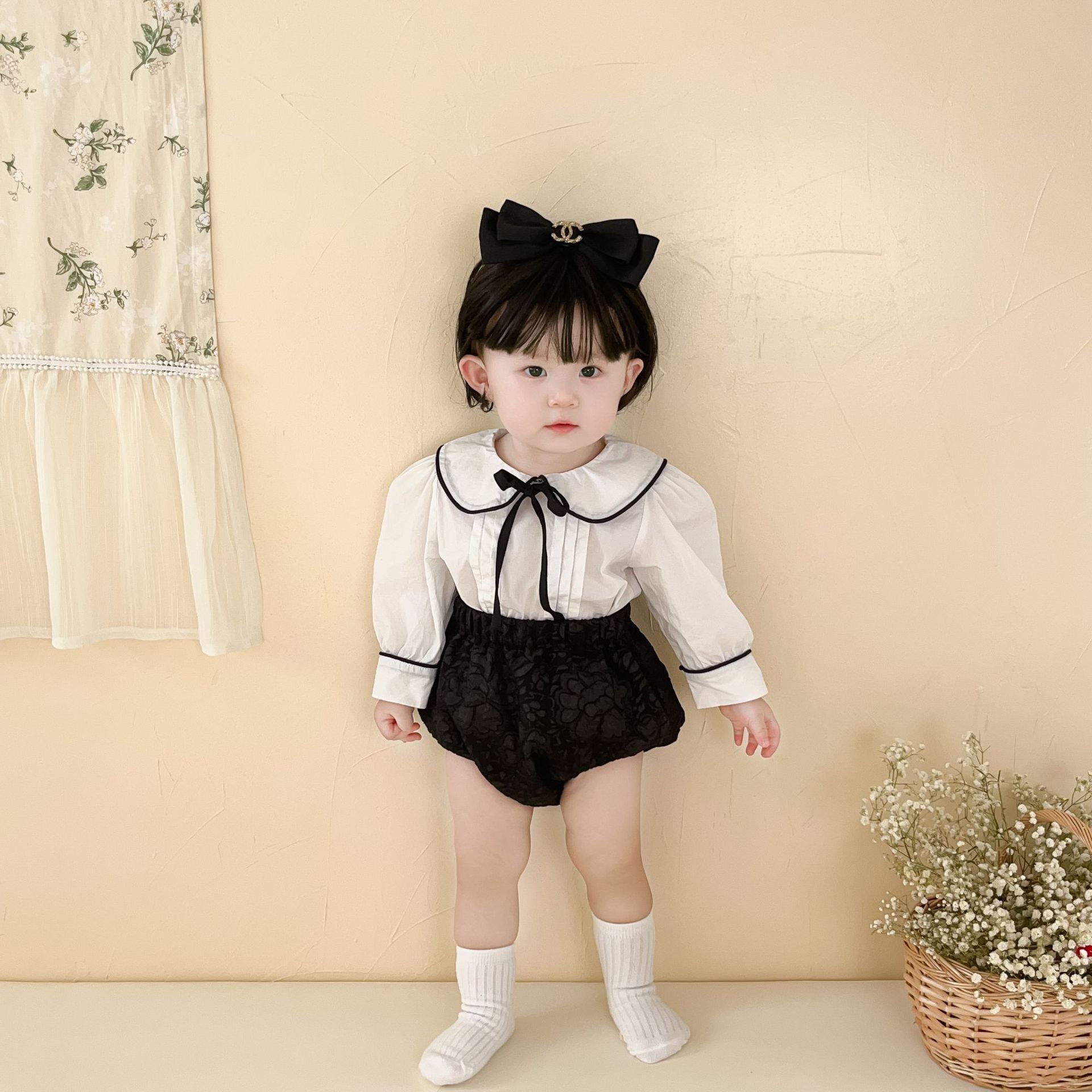 【BABY】丸襟リボンシャツ モノクロ セットアップ CawaKomostore