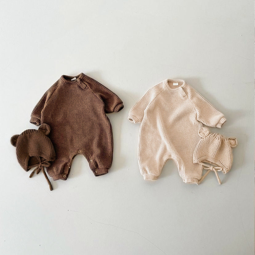 【BABY】クマさんリブニットロンパース（ボンネット） CawaKomostore