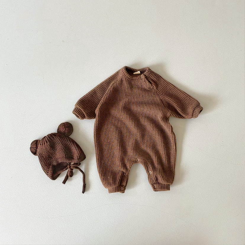 【BABY】クマさんリブニットロンパース（ボンネット） CawaKomostore