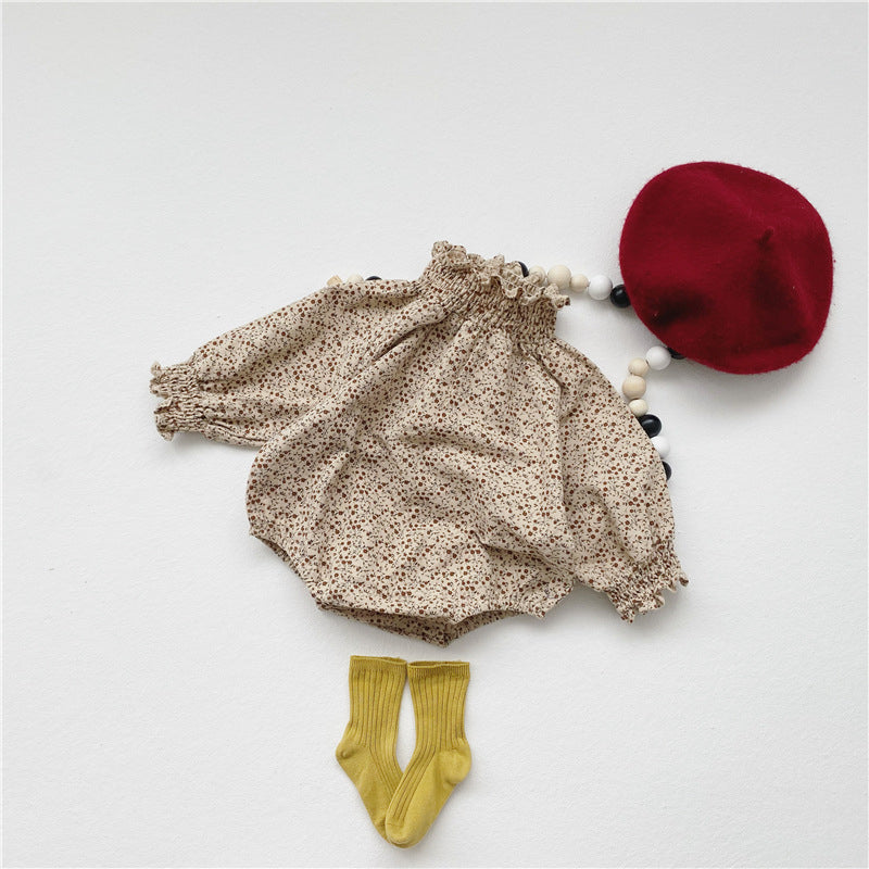 【BABY】暖色系シャーリング襟柄デザインロンパース