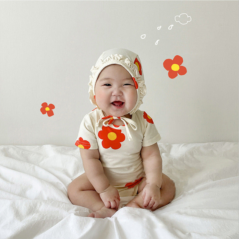 【BABY】赤い花柄ロンパース/ボンネット付き